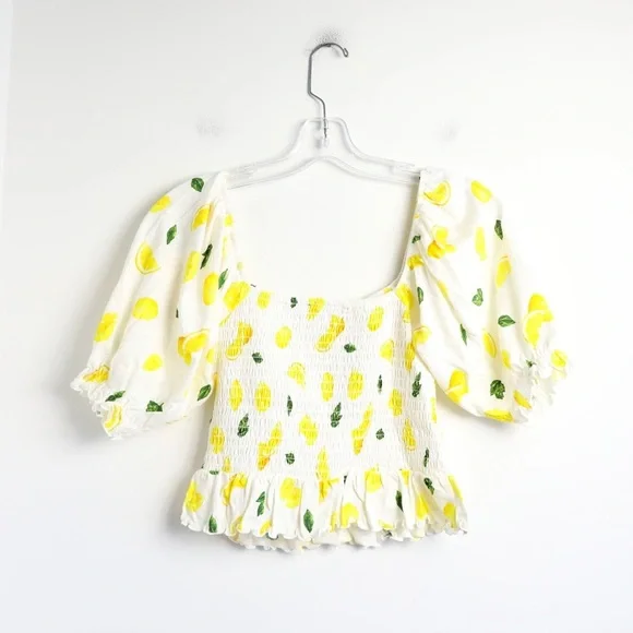 NWT Forever 21 Smocked Lemon Print cropped top cottagecore 100% cotton S novelty - Picture 5 of 9